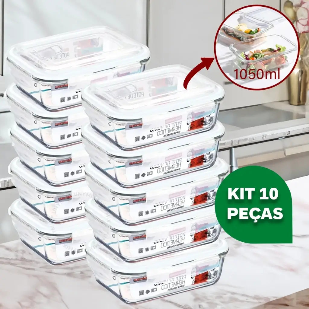 Kit 10 Potes Vidro Hermético Retangular