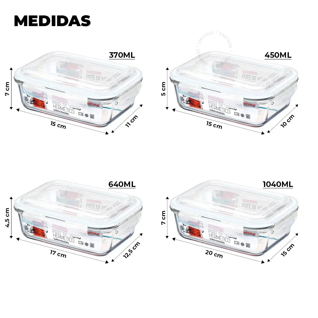 Kit 10 Potes Vidro Hermético Retangular